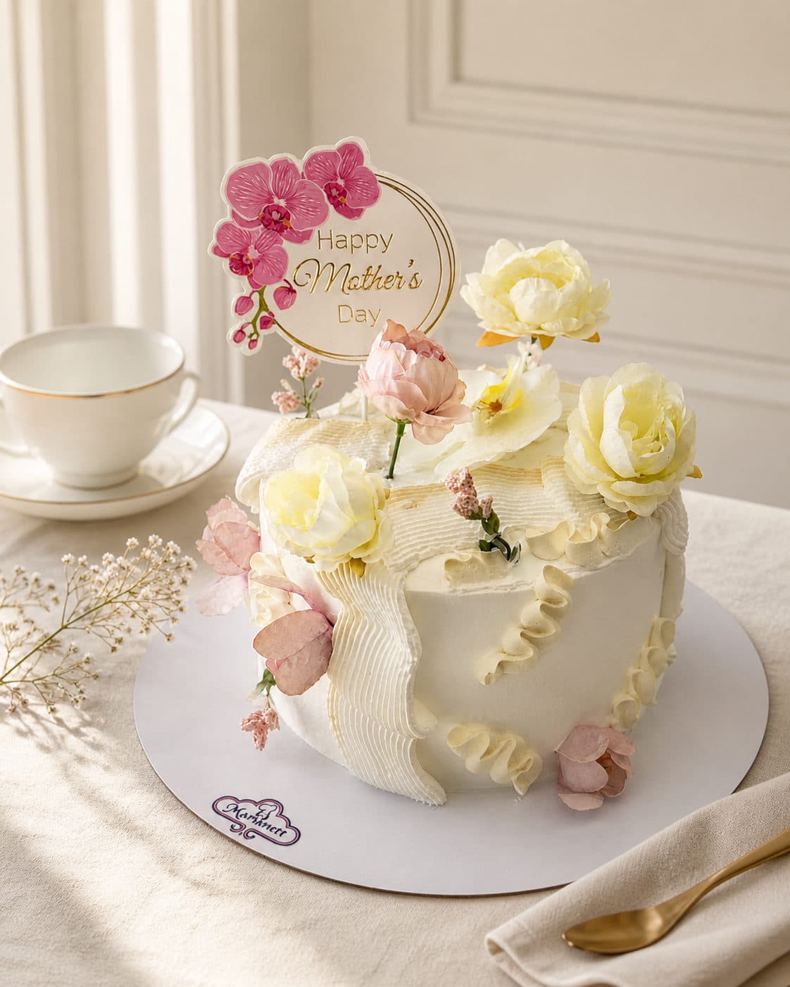 Pastel blanco del Día de las Madres con flores amarillas
