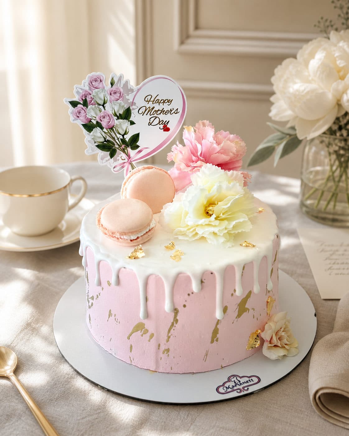 Pastel rosa del Día de las Madres con flores