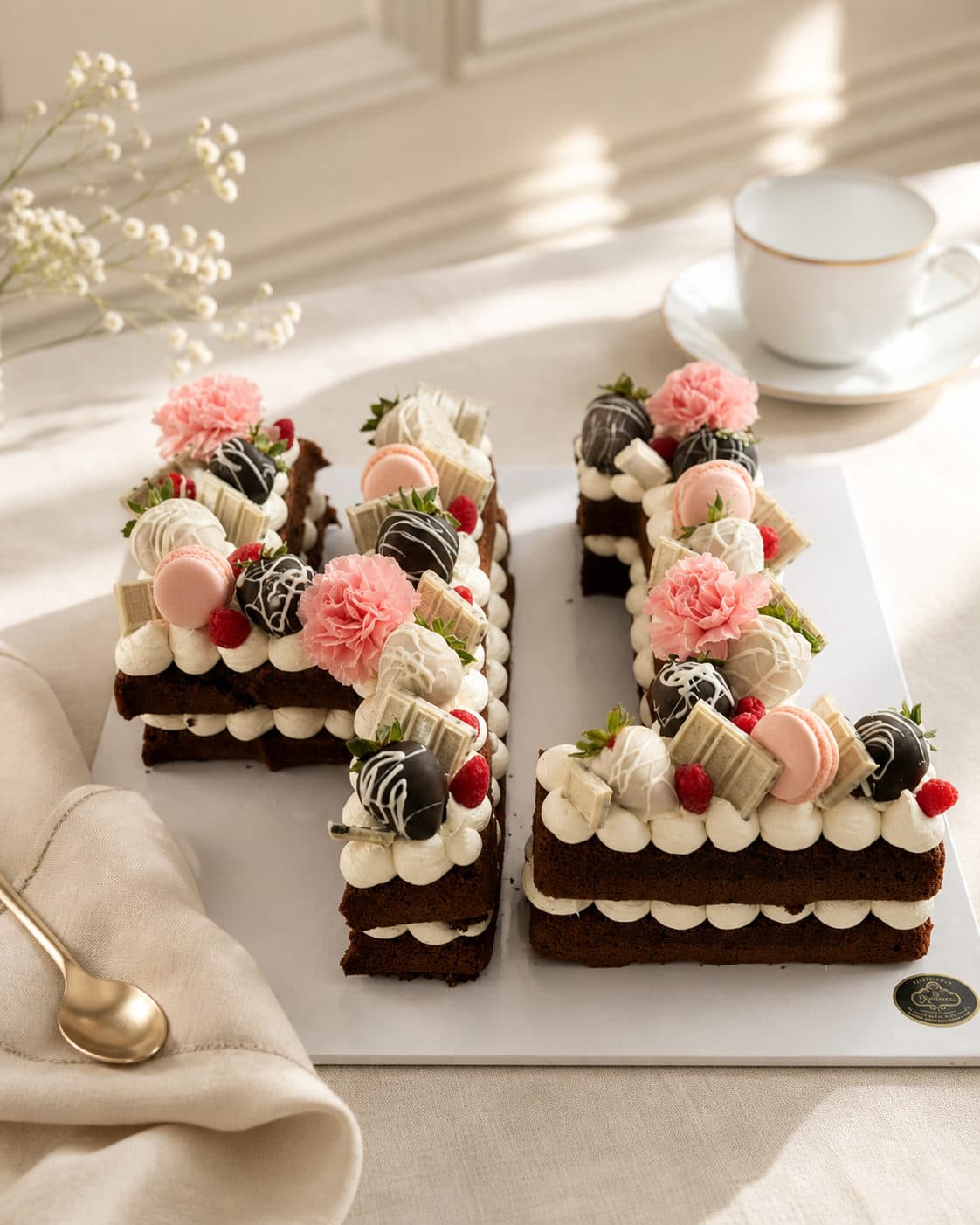 Pastel en forma de número con fresas cubiertas de chocolate, macarons y claveles