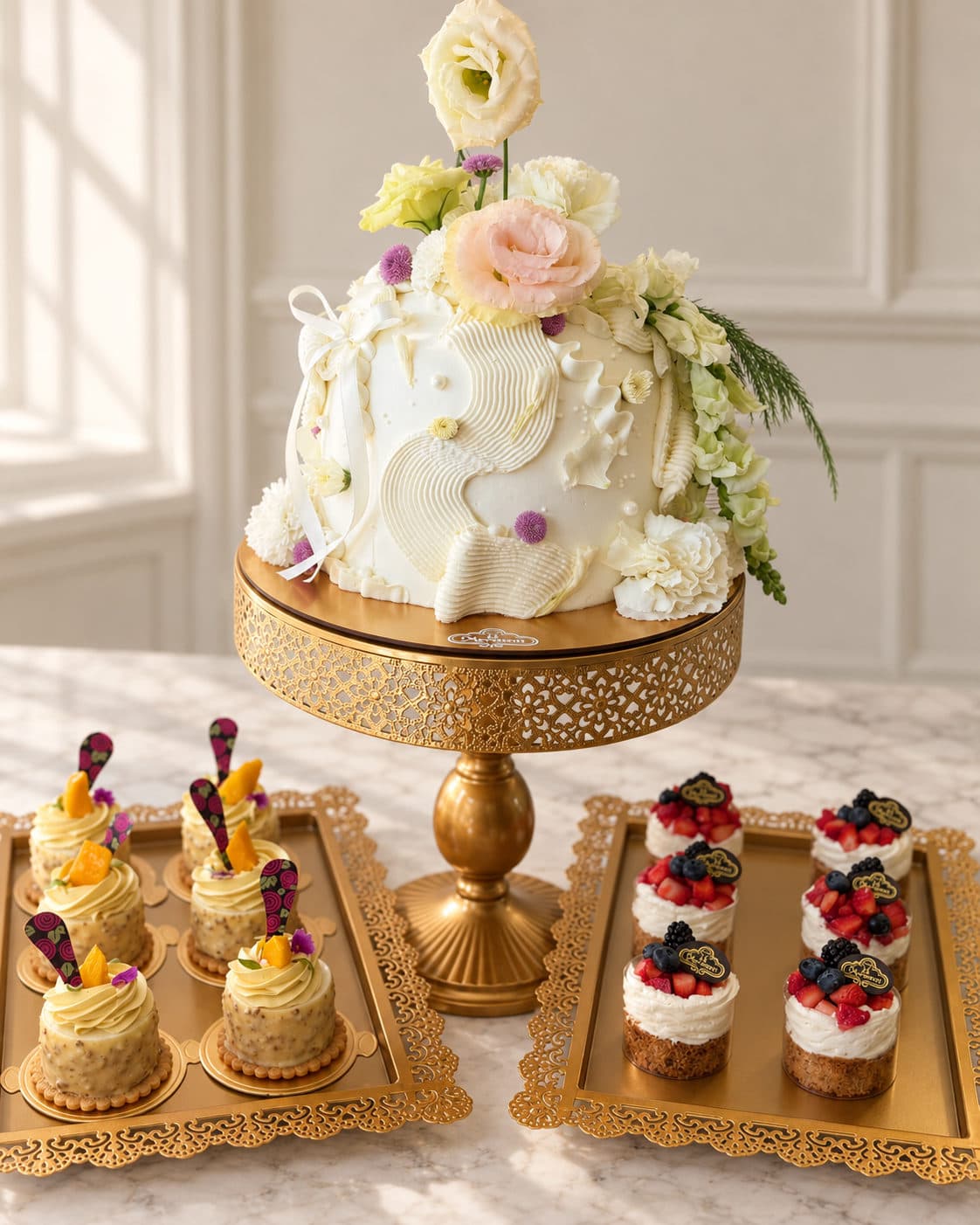 Pastel en pedestal dorado con flores y postres individuales