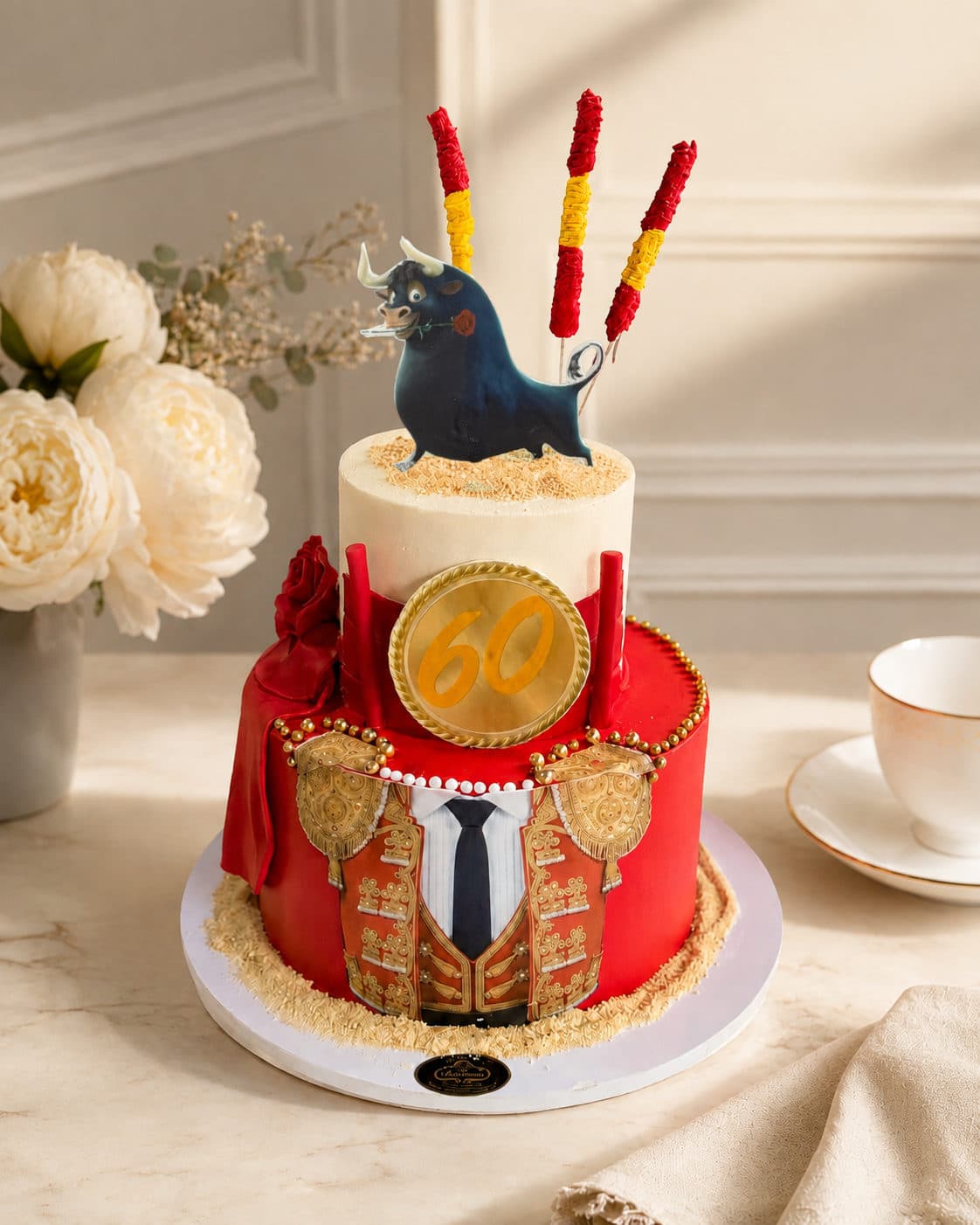 Pastel rojo de 60 años con traje de torero y figura de toro